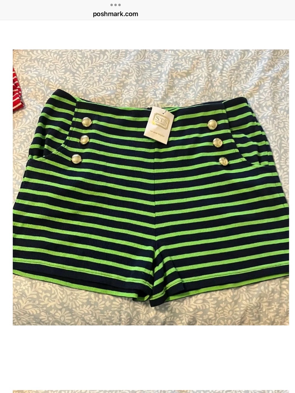 STSHigh-Waist Striped Navy and Lime Green Sailor Shorts with Gold Buttons